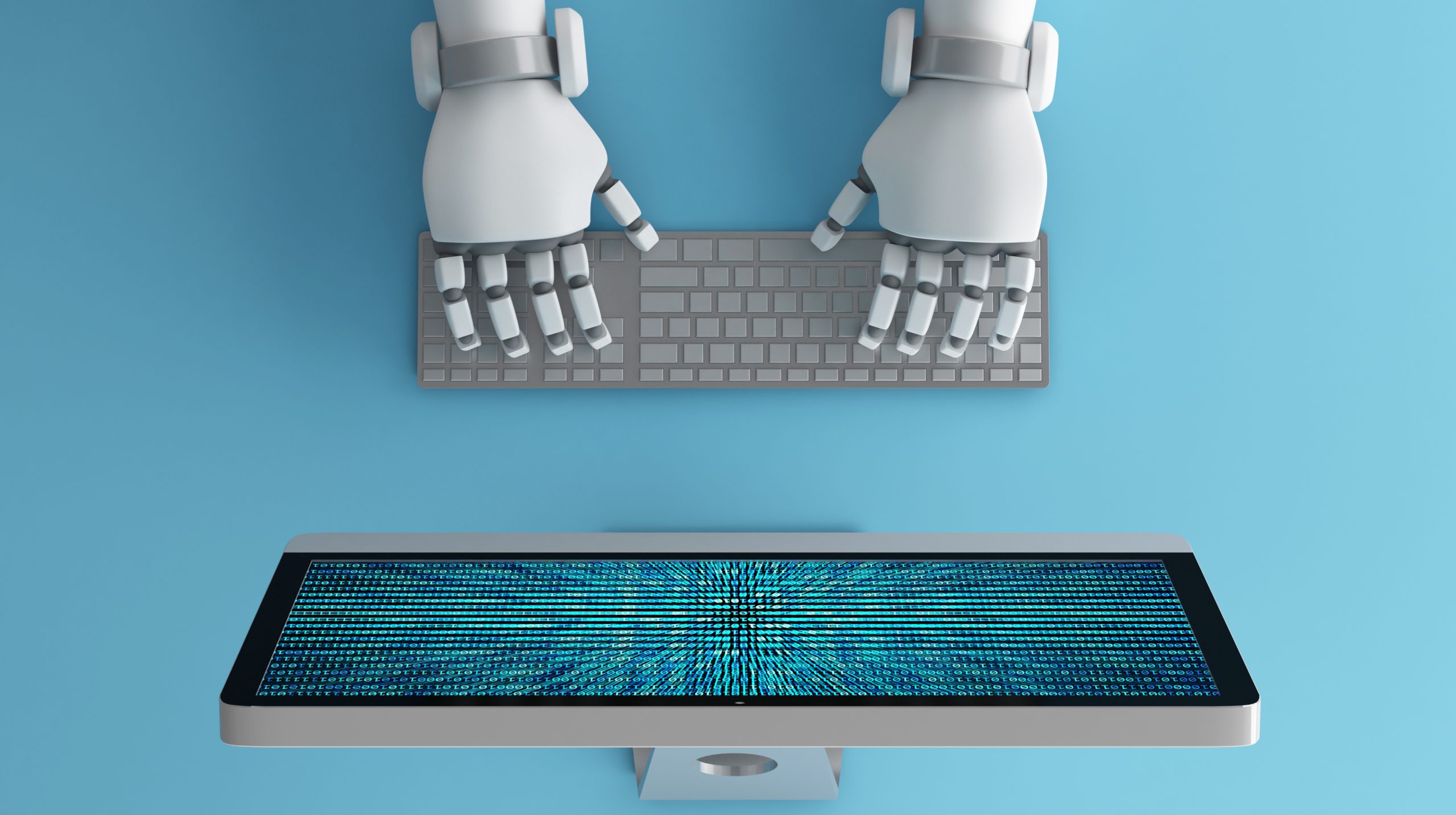 Top view of Robot hands using keyboard in front of a computer monitor with binary number code screen, mock up. Artificial intelligence in digital data futuristic technology concept, 3d illustration